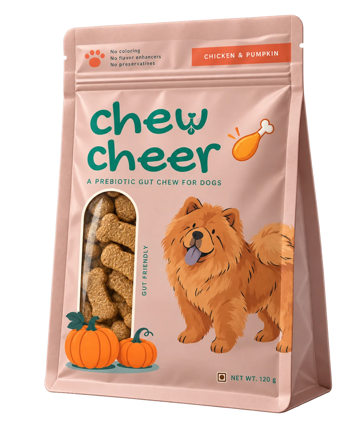 ChewCheer prebiotic gut chews, chicken and pumpkin, 120 g pack
