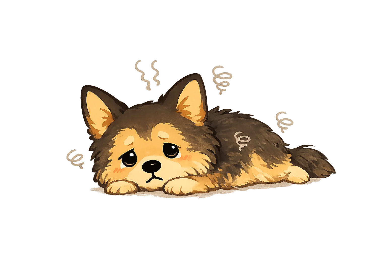A sad-looking dog lying down with its head on its paws