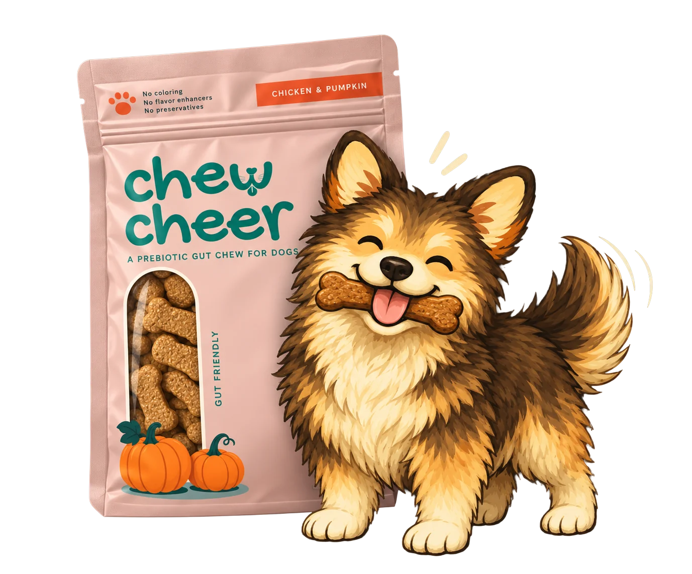 A bright, happy dog beside the ChewCheer pack